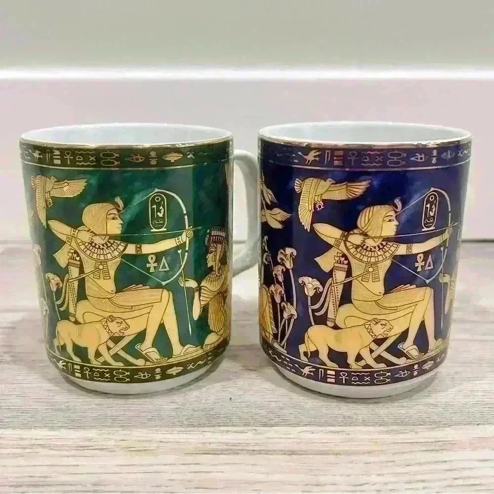Egyptian Sculpture Coffee Mug Fine Royal Porcelain Set Of 2 Cups Gold Green Blue